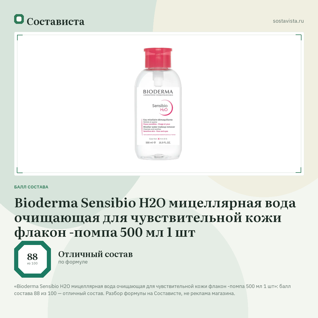 Bioderma Sensibio H2O мицеллярная вода очищающая для чувствительной кожи флакон -помпа 500 мл 1 шт: балл состава 88 из 100 — Состависта