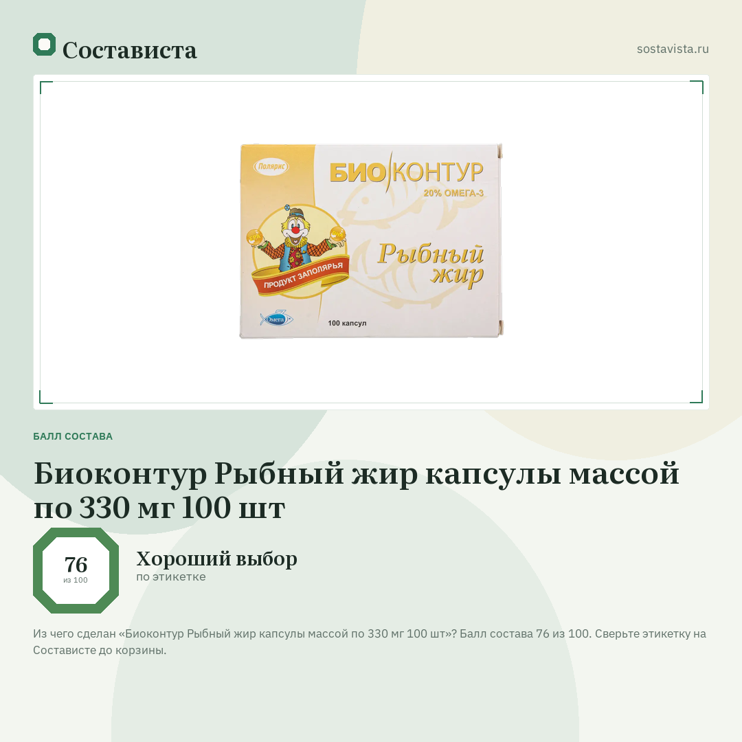 Биоконтур Рыбный жир капсулы массой по 330 мг 100 шт: балл состава 76 из 100 — Состависта