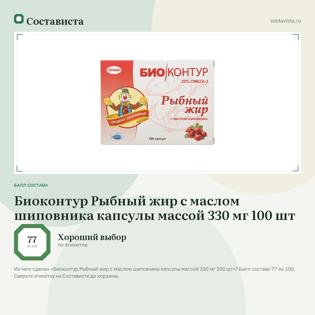 Биоконтур Рыбный жир с маслом шиповника капсулы массой 330 мг 100 шт: балл состава 77 из 100 — Состависта