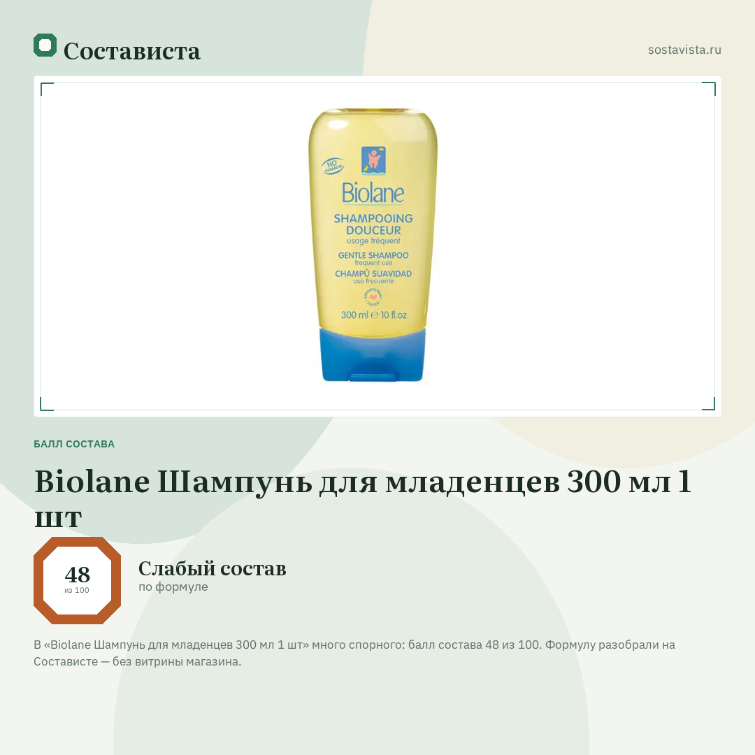 Biolane Шампунь для младенцев 300 мл 1 шт: балл состава 48 из 100 — Состависта