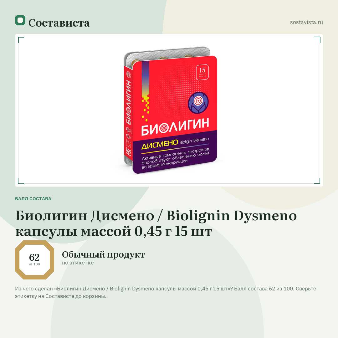 Биолигин Дисмено / Biolignin Dysmeno капсулы массой 0,45 г 15 шт: балл состава 62 из 100 — Состависта