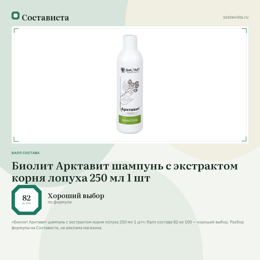 Биолит Арктавит шампунь с экстрактом корня лопуха 250 мл 1 шт: балл состава 82 из 100 — Состависта