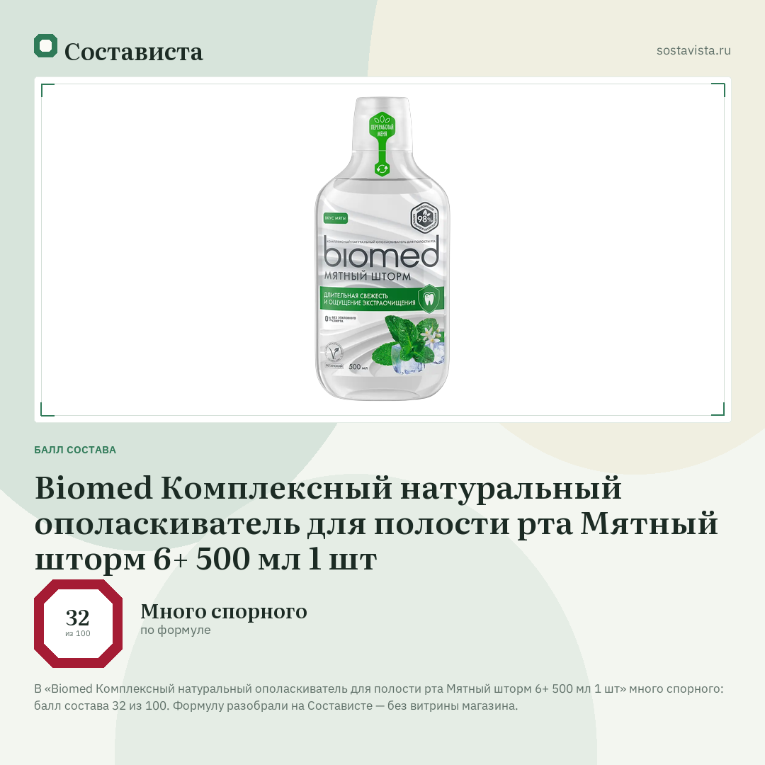 Biomed Комплексный натуральный ополаскиватель для полости рта Мятный шторм 6+ 500 мл 1 шт: балл состава 32 из 100 — Состависта