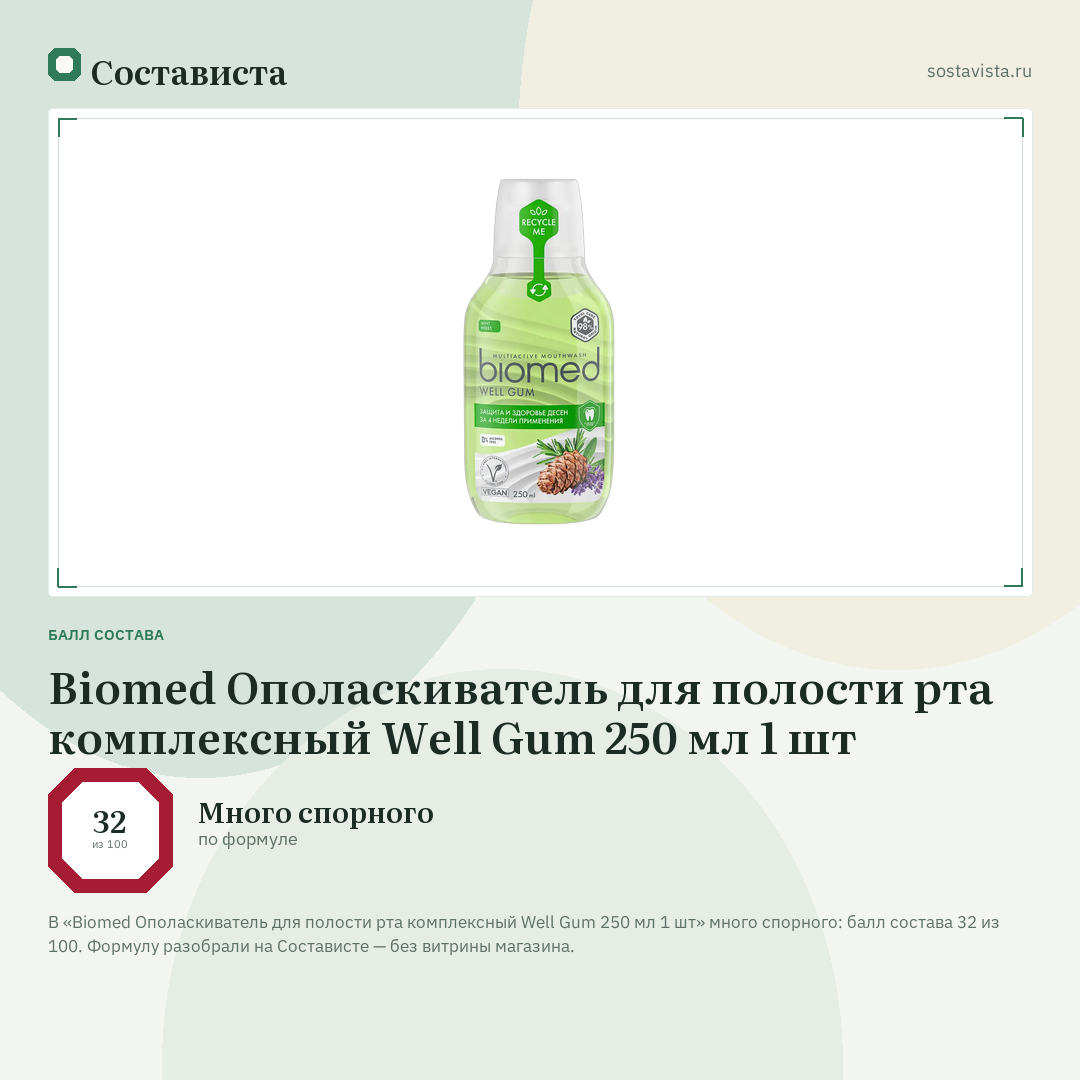 Biomed Ополаскиватель для полости рта комплексный Well Gum 250 мл 1 шт: балл состава 32 из 100 — Состависта