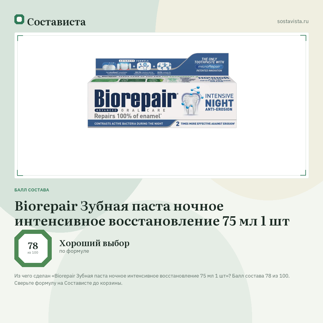Biorepair Зубная паста ночное интенсивное восстановление 75 мл 1 шт: балл состава 78 из 100 — Состависта