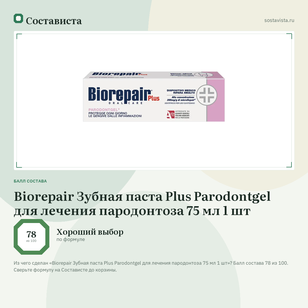 Biorepair Зубная паста Plus Parodontgel для лечения пародонтоза 75 мл 1 шт: балл состава 78 из 100 — Состависта