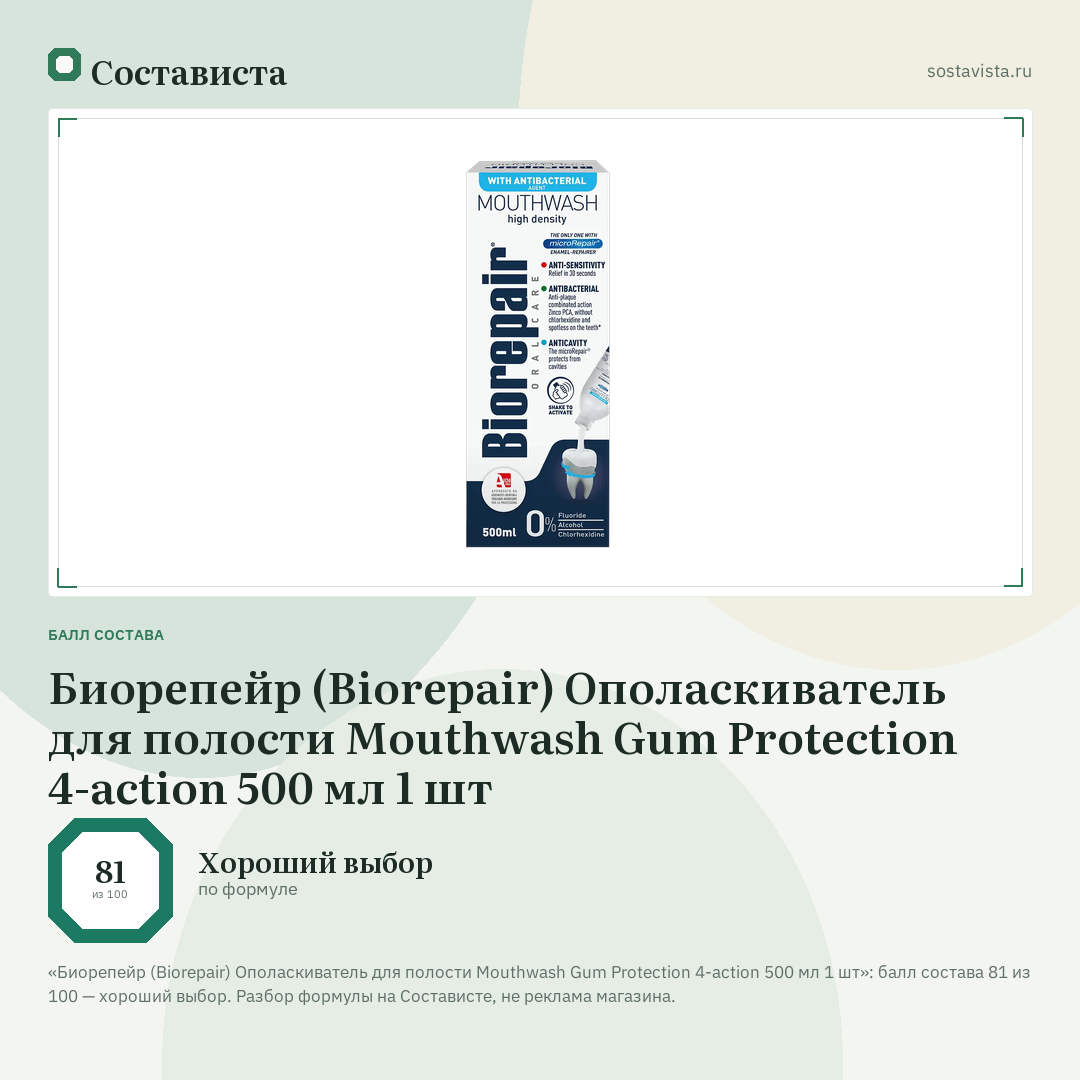 Биорепейр (Biorepair) Ополаскиватель для полости Mouthwash Gum Protection 4-action 500 мл 1 шт: балл состава 81 из 100 — Состависта