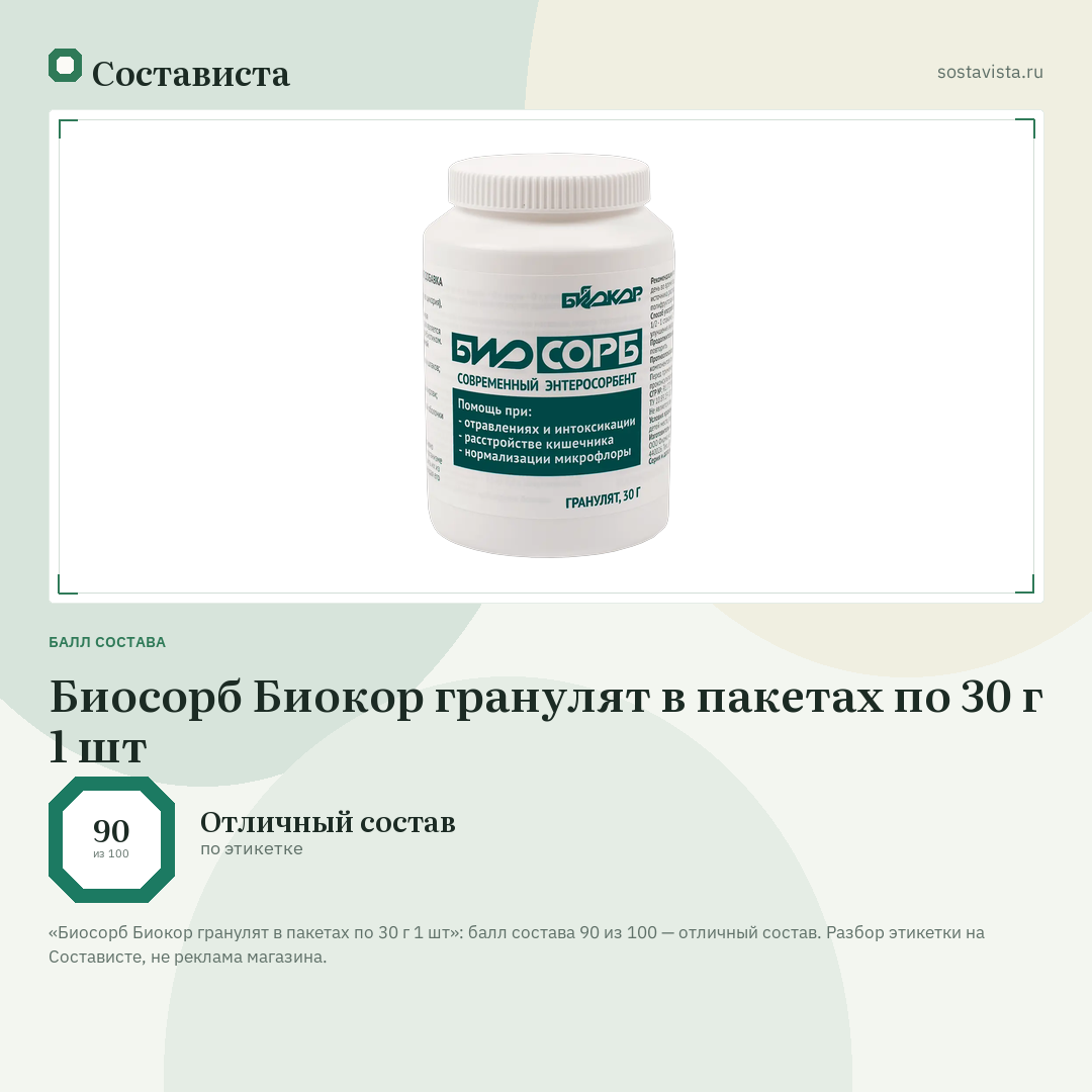Биосорб Биокор гранулят в пакетах по 30 г 1 шт: балл состава 90 из 100 — Состависта