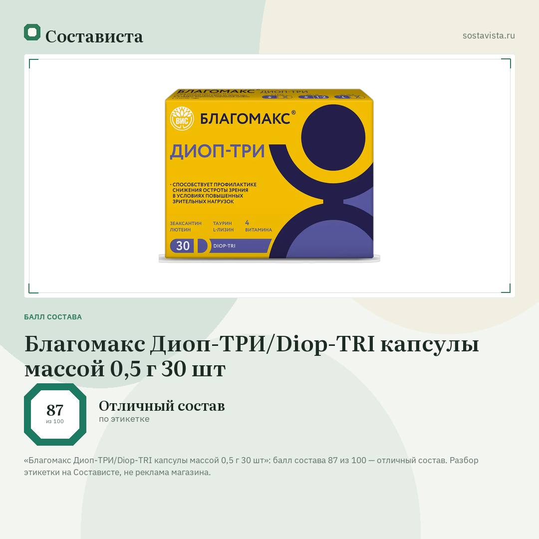 Благомакс Диоп-ТРИ/Diop-TRI капсулы массой 0,5 г 30 шт: балл состава 87 из 100 — Состависта