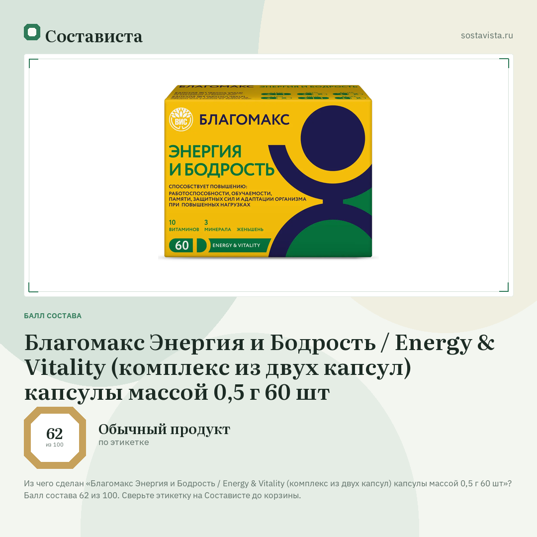 Благомакс Энергия и Бодрость / Energy & Vitality (комплекс из двух капсул) капсулы массой 0,5 г 60 шт: балл состава 62 из 100 — Состависта