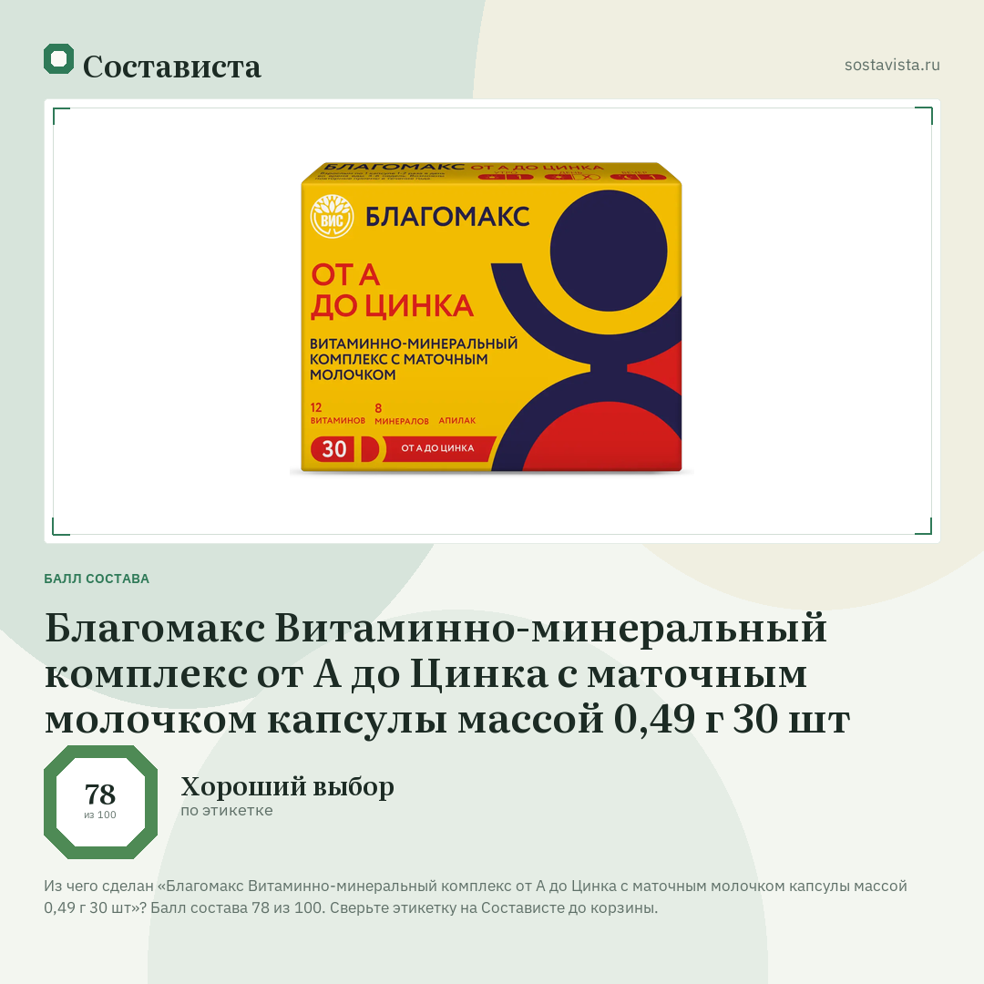 Благомакс Витаминно-минеральный комплекс от А до Цинка с маточным молочком капсулы массой 0,49 г 30 шт: балл состава 78 из 100 — Состависта