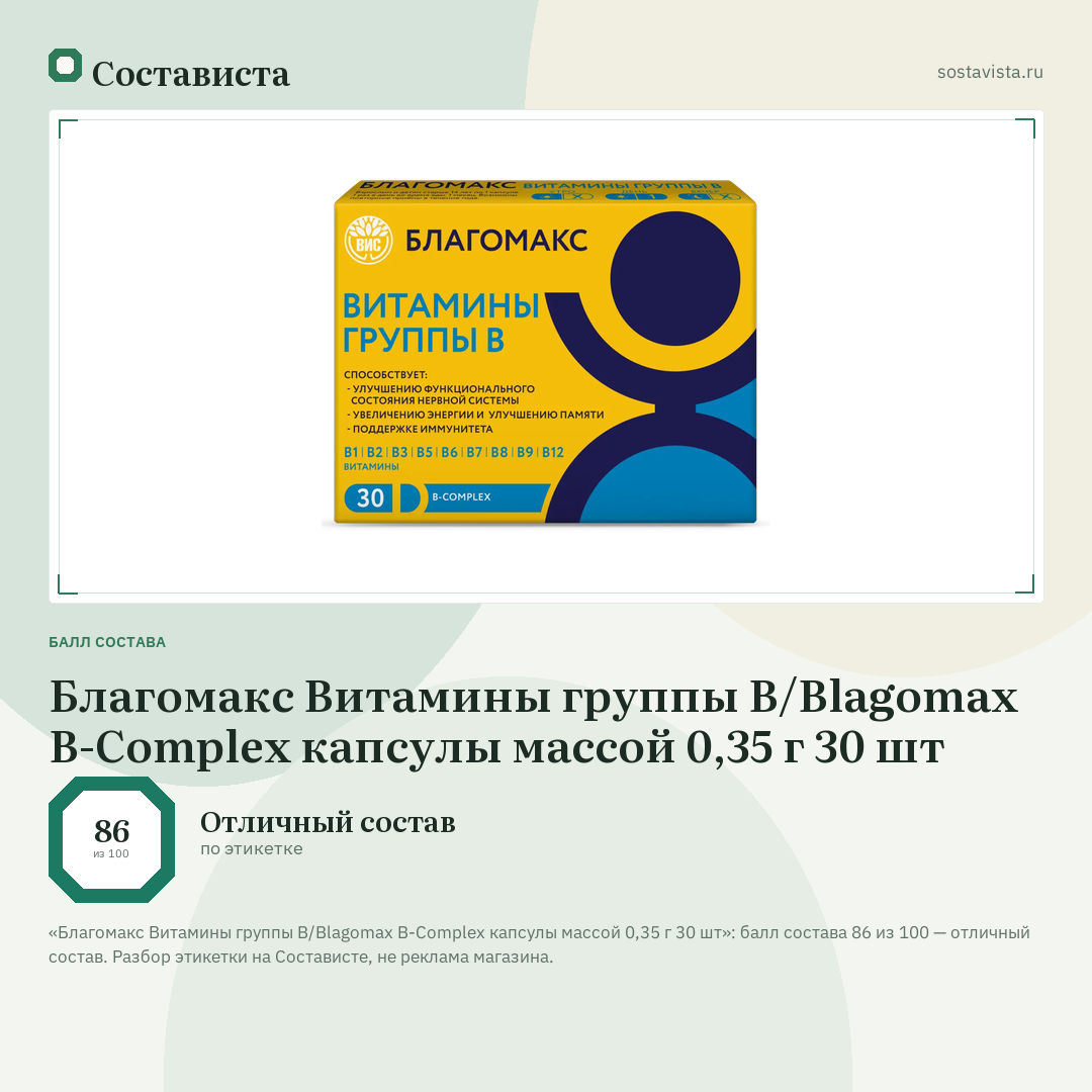 Благомакс Витамины группы B/Blagomax B-Complex капсулы массой 0,35 г 30 шт: балл состава 86 из 100 — Состависта