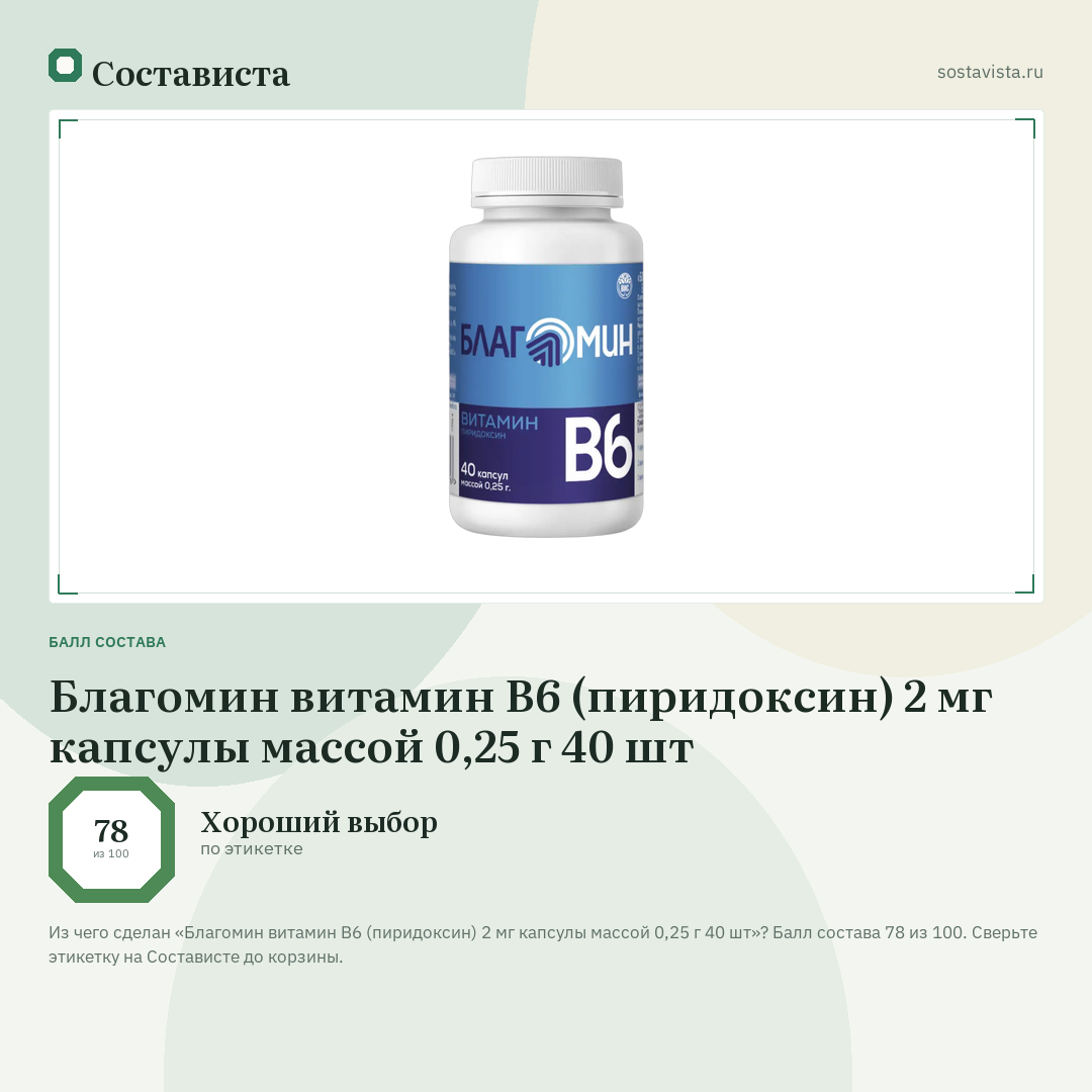 Благомин витамин B6 (пиридоксин) 2 мг капсулы массой 0,25 г 40 шт: балл состава 78 из 100 — Состависта