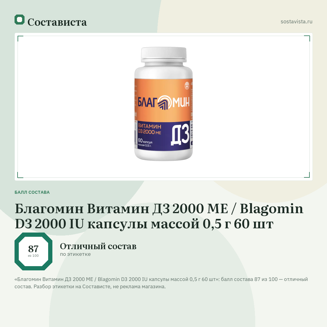 Благомин Витамин Д3 2000 МЕ / Blagomin D3 2000 IU капсулы массой 0,5 г 60 шт: балл состава 87 из 100 — Состависта