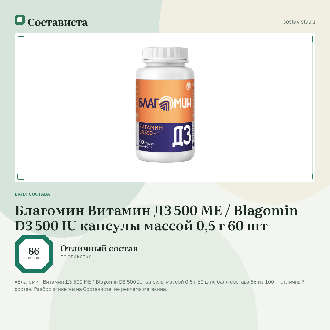 Благомин Витамин Д3 500 МЕ / Blagomin D3 500 IU капсулы массой 0,5 г 60 шт: балл состава 86 из 100 — Состависта