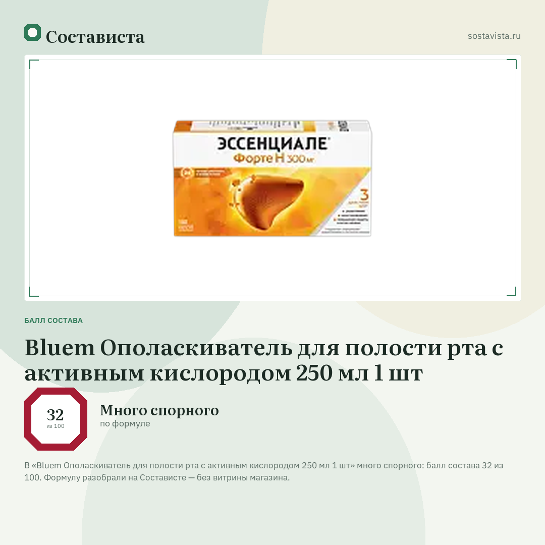 Bluem Ополаскиватель для полости рта с активным кислородом 250 мл 1 шт: балл состава 32 из 100 — Состависта