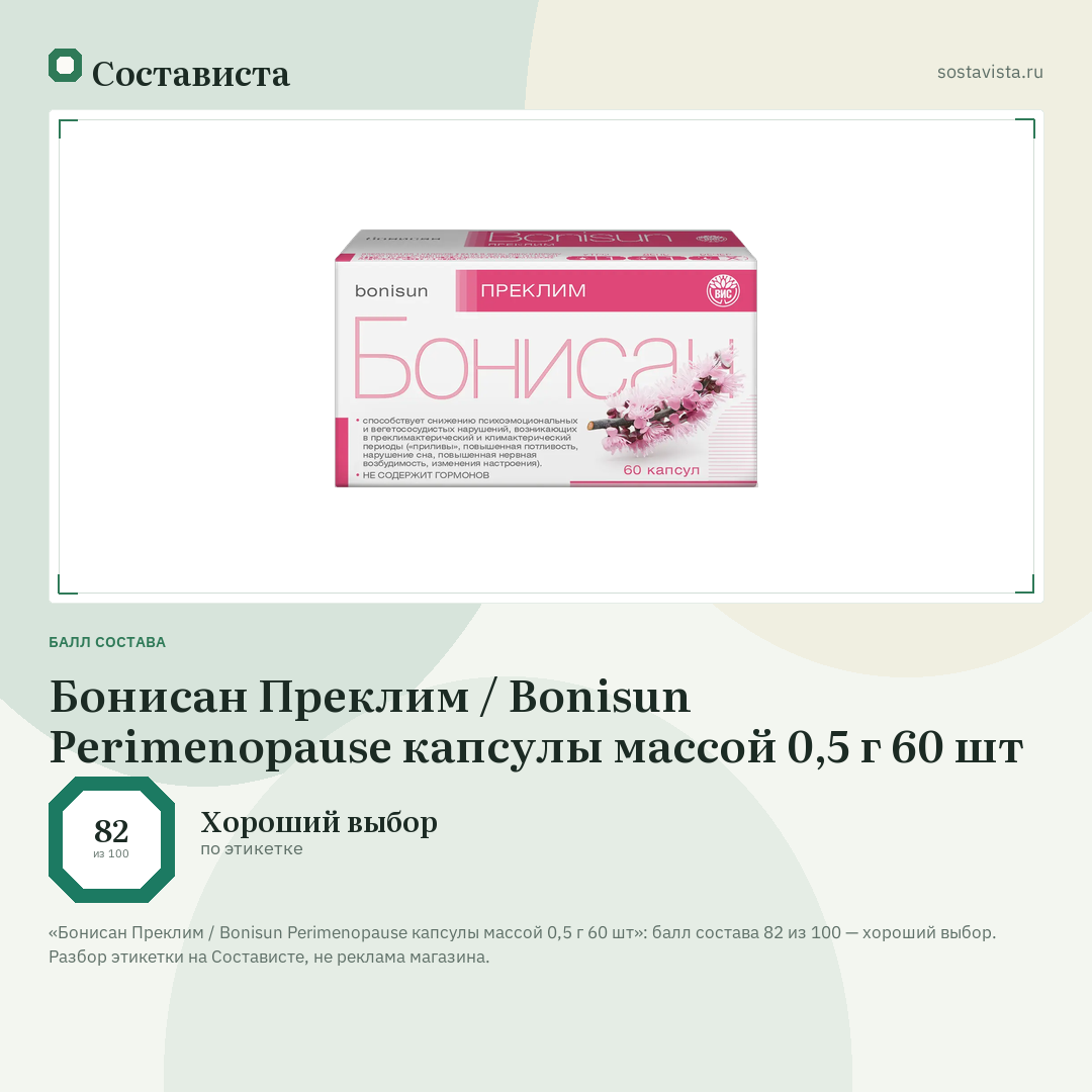 Бонисан Преклим / Bonisun Perimenopause капсулы массой 0,5 г 60 шт: балл состава 82 из 100 — Состависта
