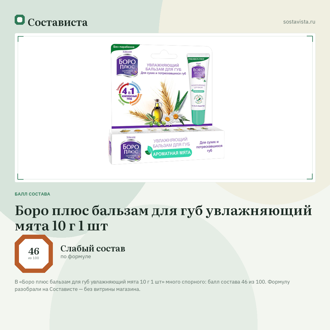 Боро плюс бальзам для губ увлажняющий мята 10 г 1 шт: балл состава 46 из 100 — Состависта