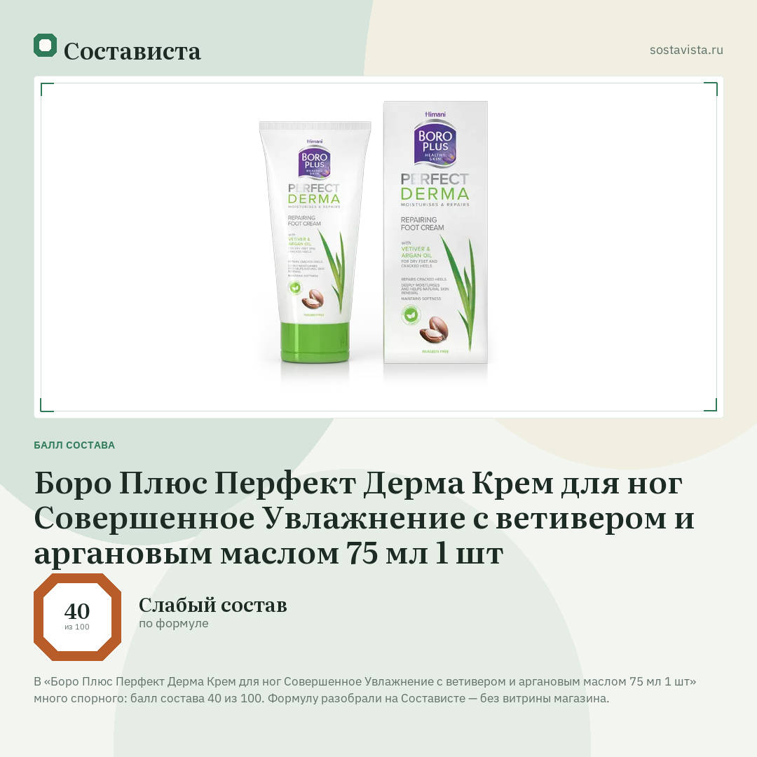 Боро Плюс Перфект Дерма Крем для ног Совершенное Увлажнение с ветивером и аргановым маслом 75 мл 1 шт: балл состава 40 из 100 — Состависта