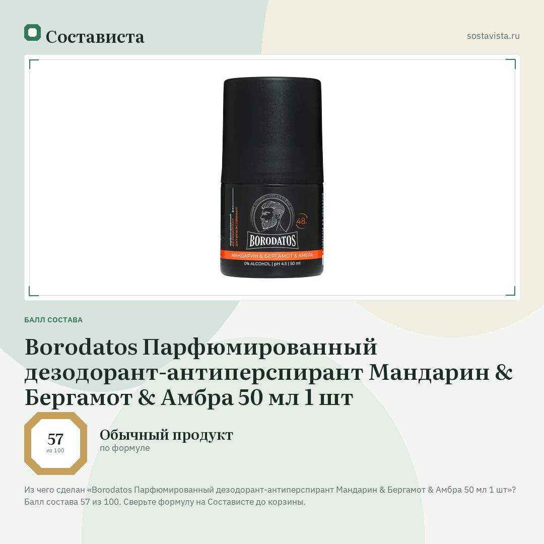 Borodatos Парфюмированный дезодорант-антиперспирант Мандарин & Бергамот & Амбра 50 мл 1 шт: балл состава 57 из 100 — Состависта