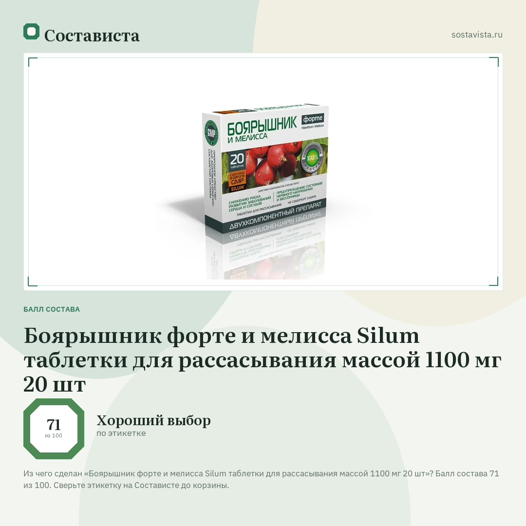 Боярышник форте и мелисса Silum таблетки для рассасывания массой 1100 мг 20 шт: балл состава 71 из 100 — Состависта