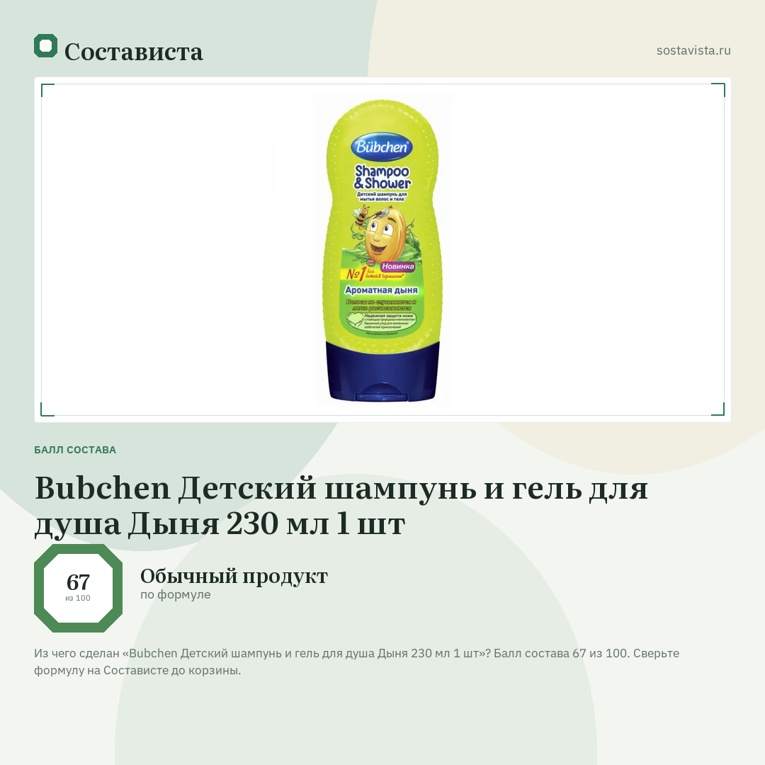 Bubchen Детский шампунь и гель для душа Дыня 230 мл 1 шт: балл состава 67 из 100 — Состависта