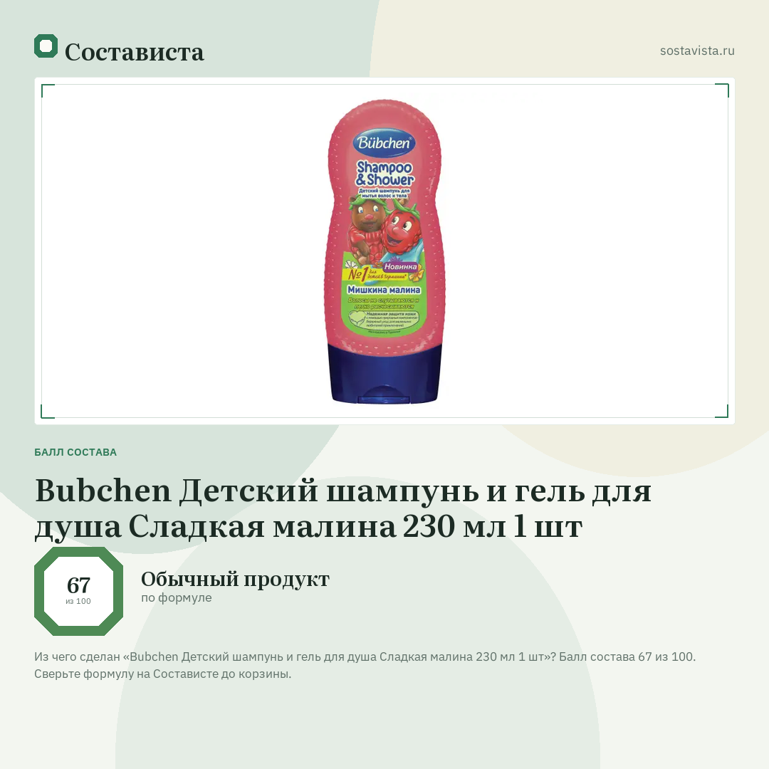 Bubchen Детский шампунь и гель для душа Сладкая малина 230 мл 1 шт: балл состава 67 из 100 — Состависта