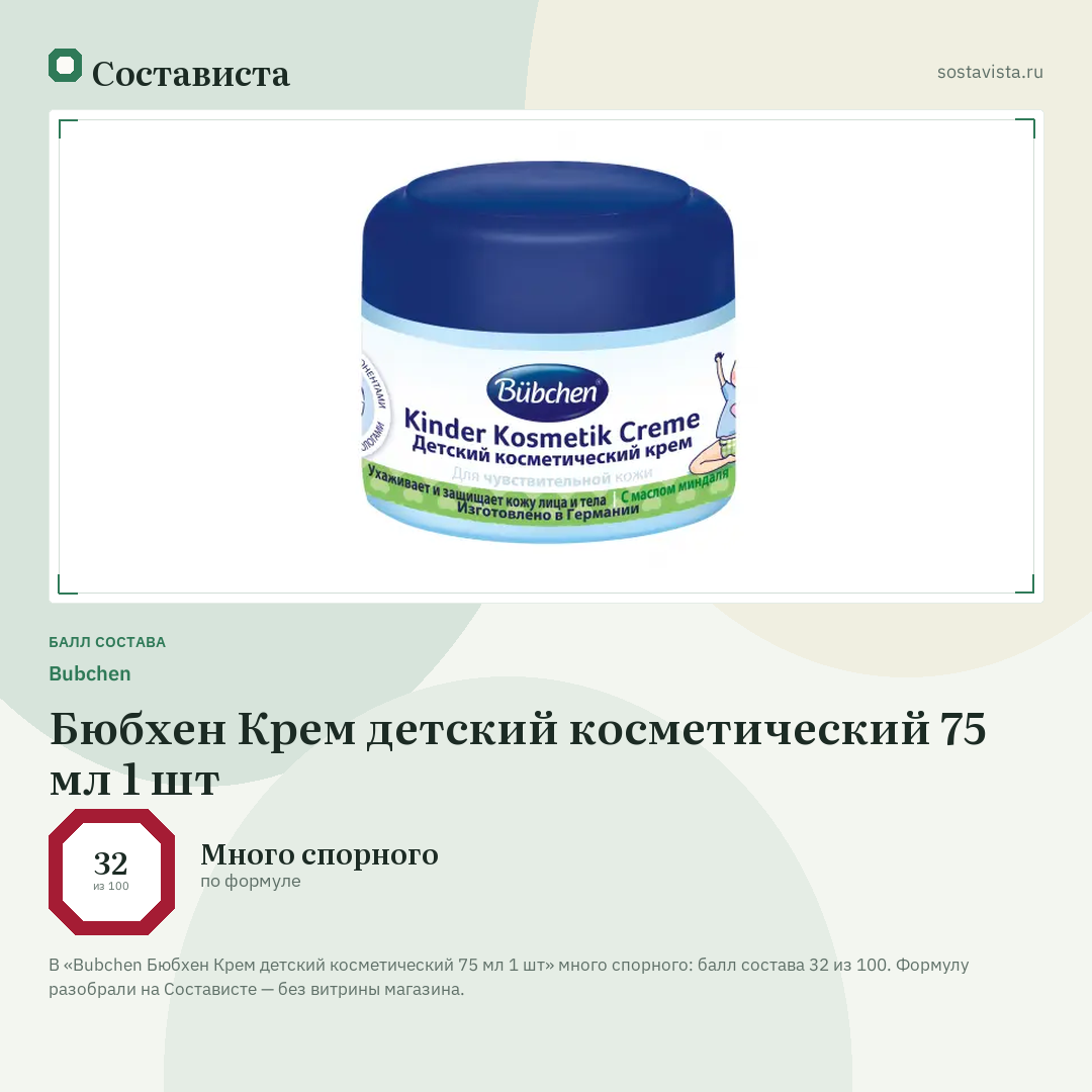 Bubchen Бюбхен Крем детский косметический 75 мл 1 шт: балл состава 32 из 100 — Состависта