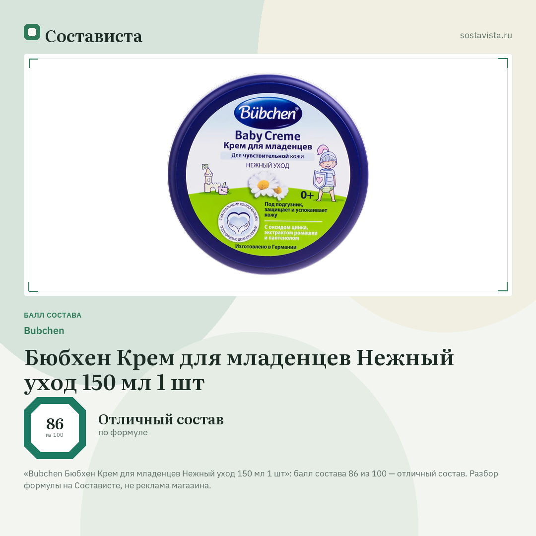 Bubchen Бюбхен Крем для младенцев Нежный уход 150 мл 1 шт: балл состава 86 из 100 — Состависта