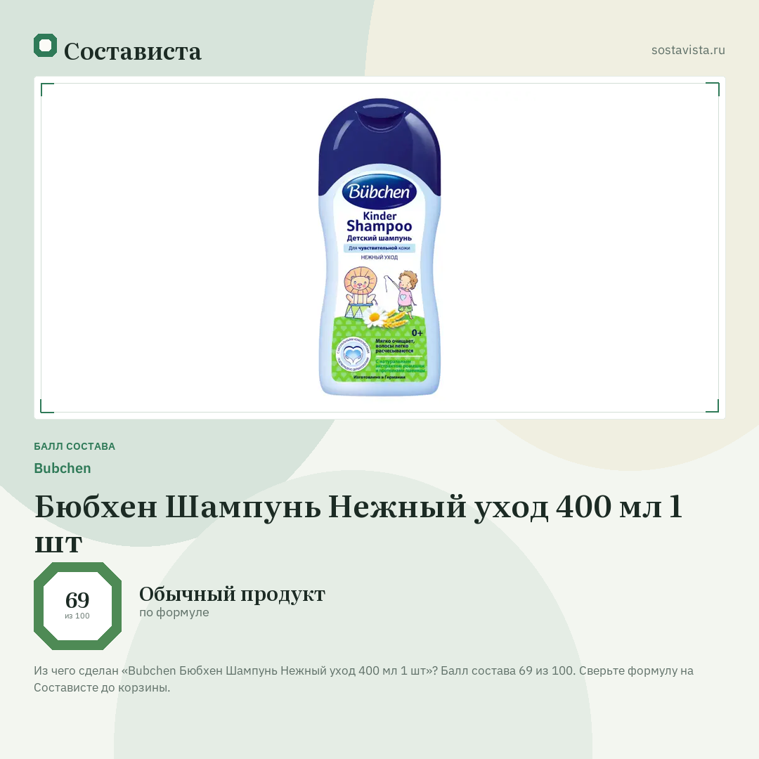 Bubchen Бюбхен Шампунь Нежный уход 400 мл 1 шт: балл состава 69 из 100 — Состависта