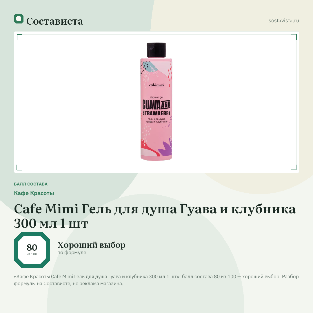 Кафе Красоты Cafe Mimi Гель для душа Гуава и клубника 300 мл 1 шт: балл состава 80 из 100 — Состависта