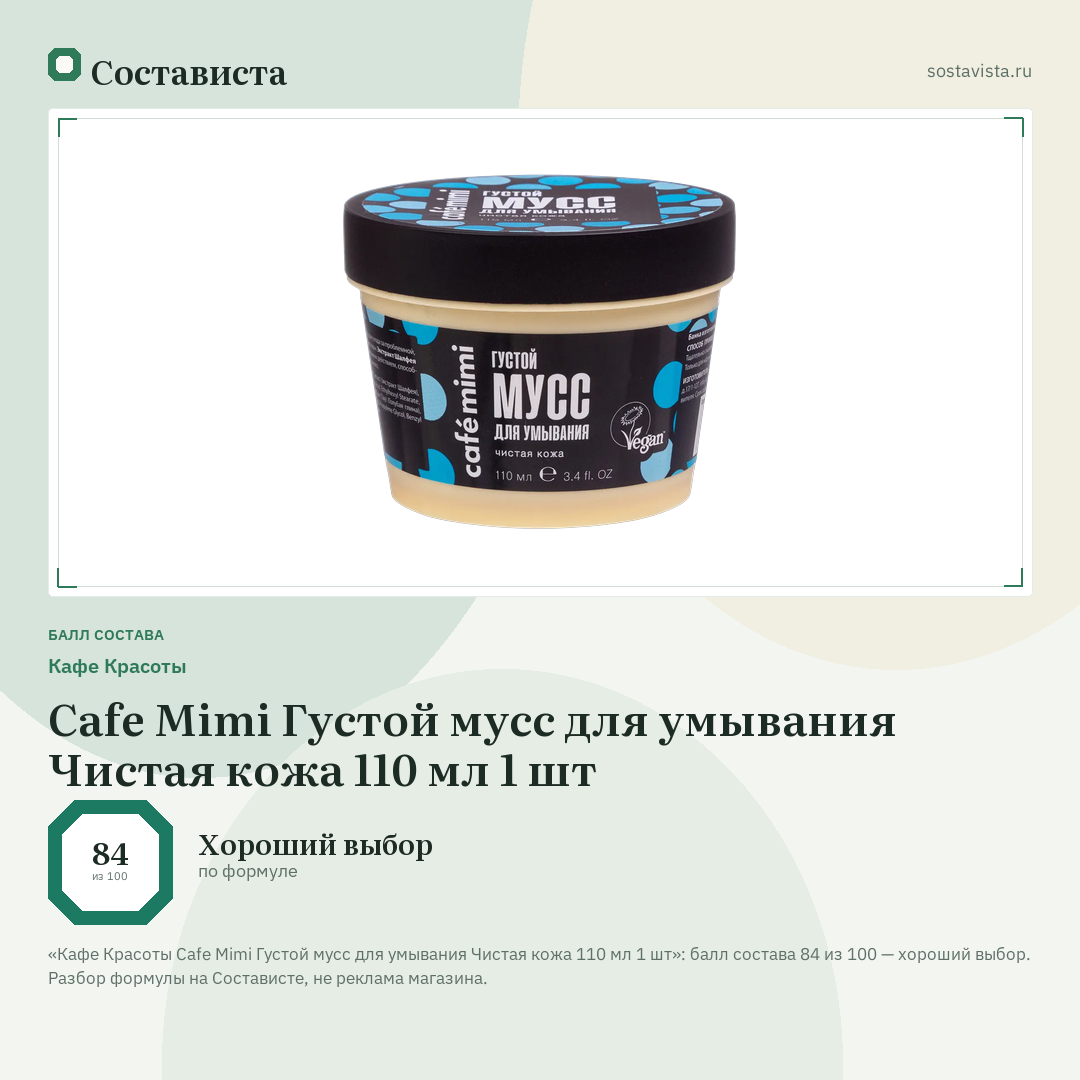 Кафе Красоты Cafe Mimi Густой мусс для умывания Чистая кожа 110 мл 1 шт: балл состава 84 из 100 — Состависта