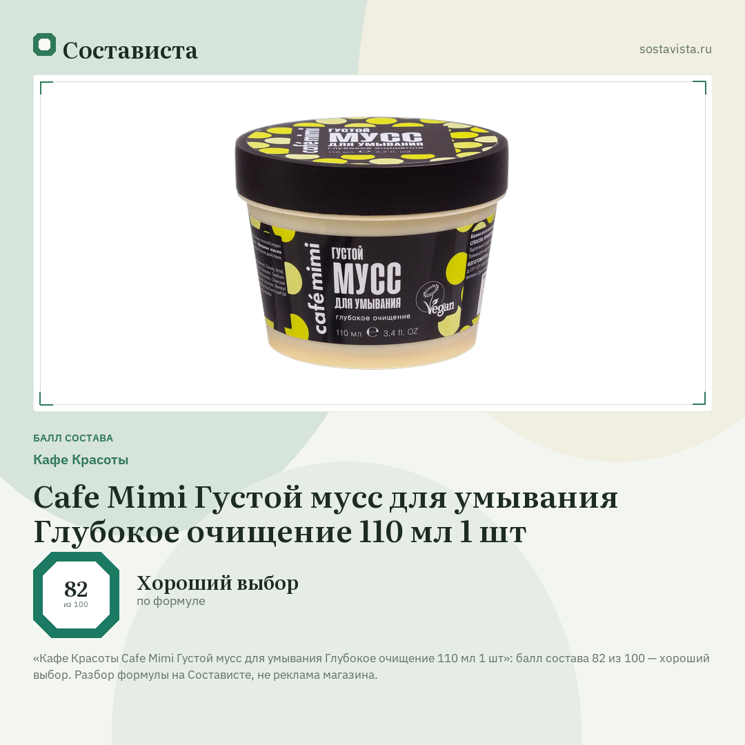 Кафе Красоты Cafe Mimi Густой мусс для умывания Глубокое очищение 110 мл 1 шт: балл состава 82 из 100 — Состависта