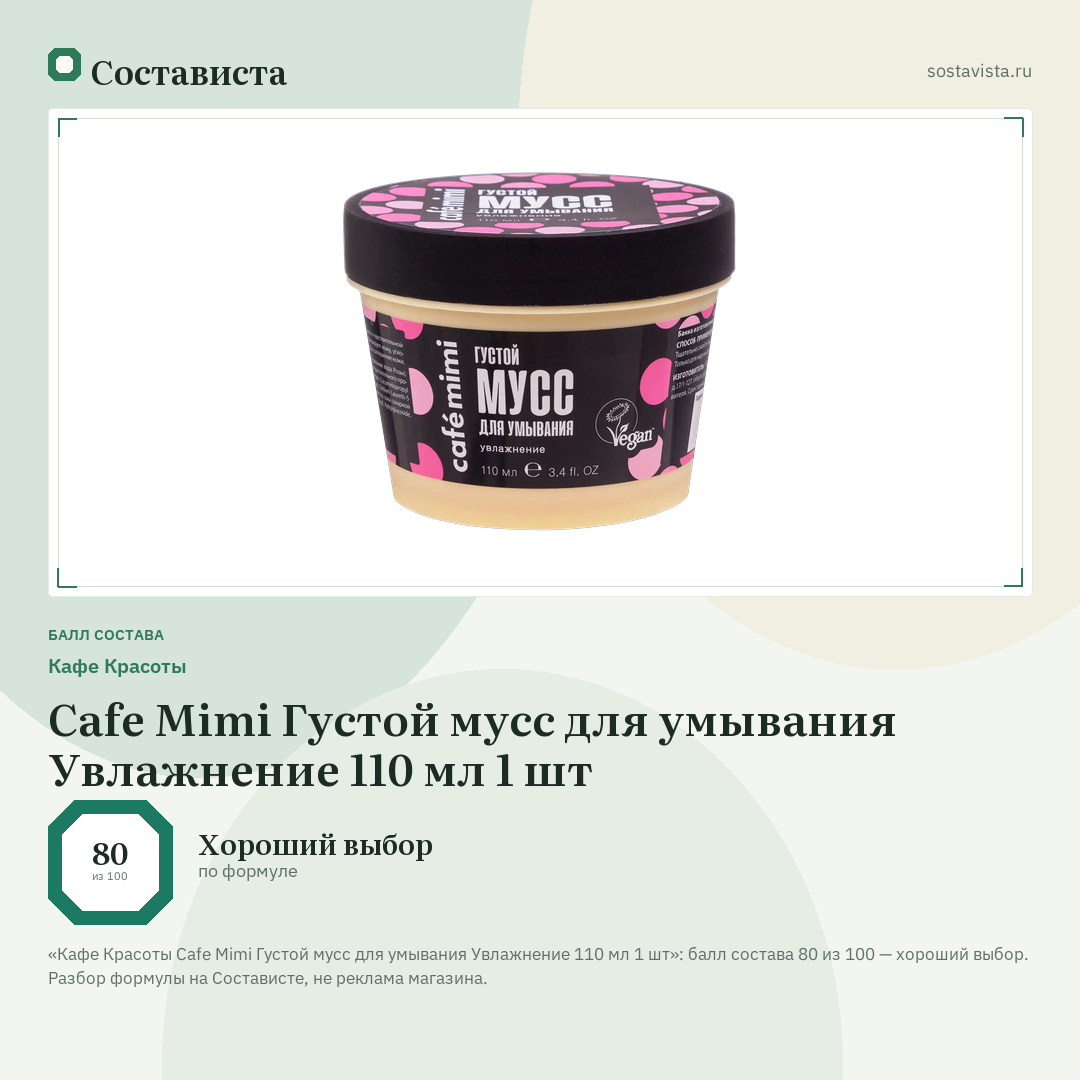 Кафе Красоты Cafe Mimi Густой мусс для умывания Увлажнение 110 мл 1 шт: балл состава 80 из 100 — Состависта