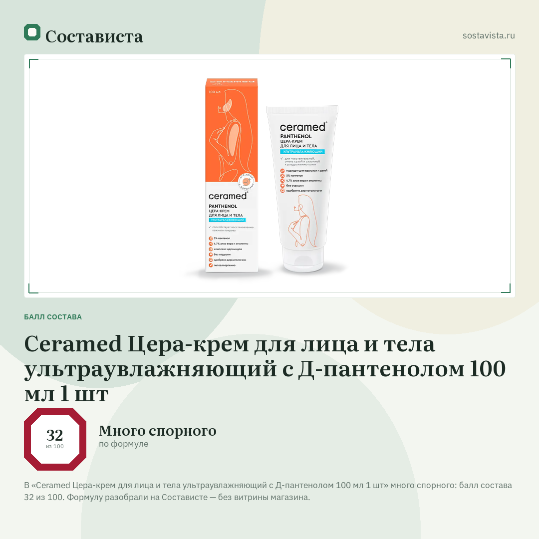 Ceramed Цера-крем для лица и тела ультраувлажняющий с Д-пантенолом 100 мл 1 шт: балл состава 32 из 100 — Состависта