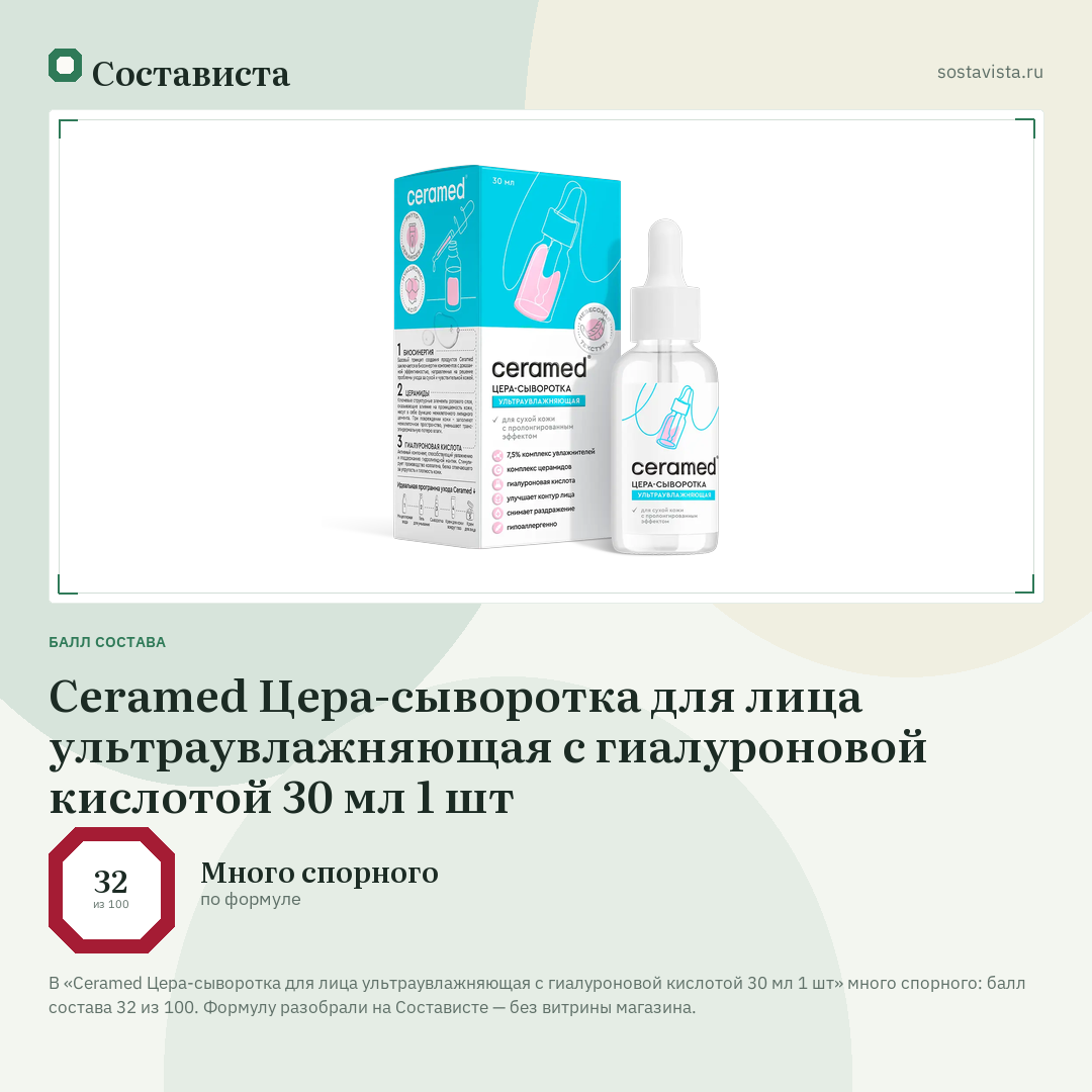 Ceramed Цера-сыворотка для лица ультраувлажняющая с гиалуроновой кислотой 30 мл 1 шт: балл состава 32 из 100 — Состависта
