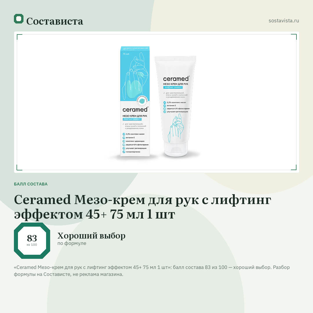Ceramed Мезо-крем для рук с лифтинг эффектом 45+ 75 мл 1 шт: балл состава 83 из 100 — Состависта