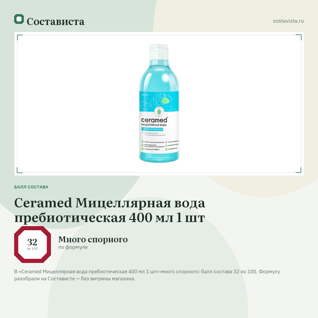 Ceramed Мицеллярная вода пребиотическая 400 мл 1 шт: балл состава 32 из 100 — Состависта