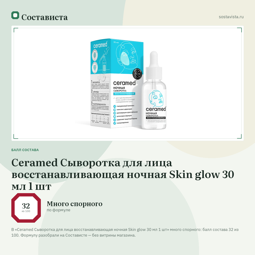 Ceramed Сыворотка для лица восстанавливающая ночная Skin glow 30 мл 1 шт: балл состава 32 из 100 — Состависта