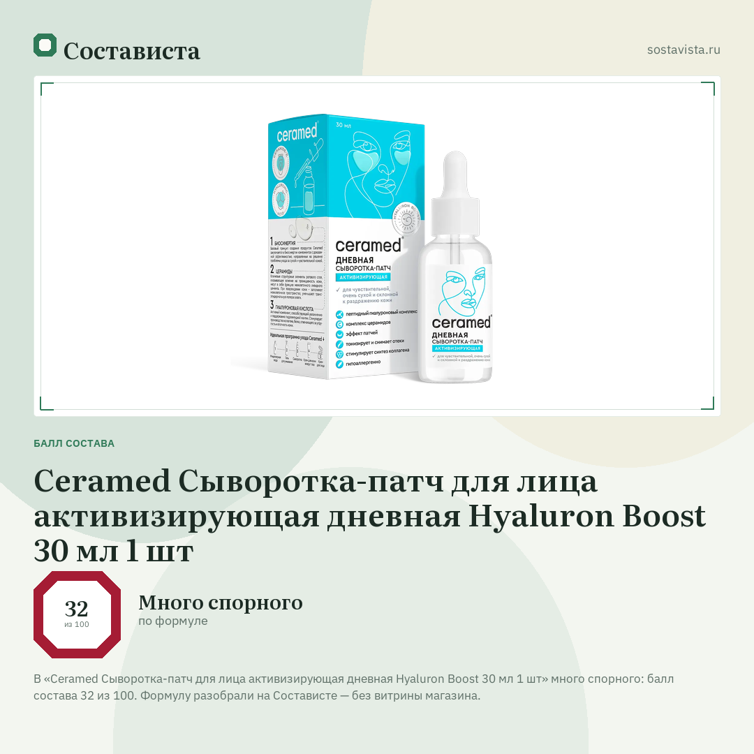 Ceramed Сыворотка-патч для лица активизирующая дневная Hyaluron Boost 30 мл 1 шт: балл состава 32 из 100 — Состависта
