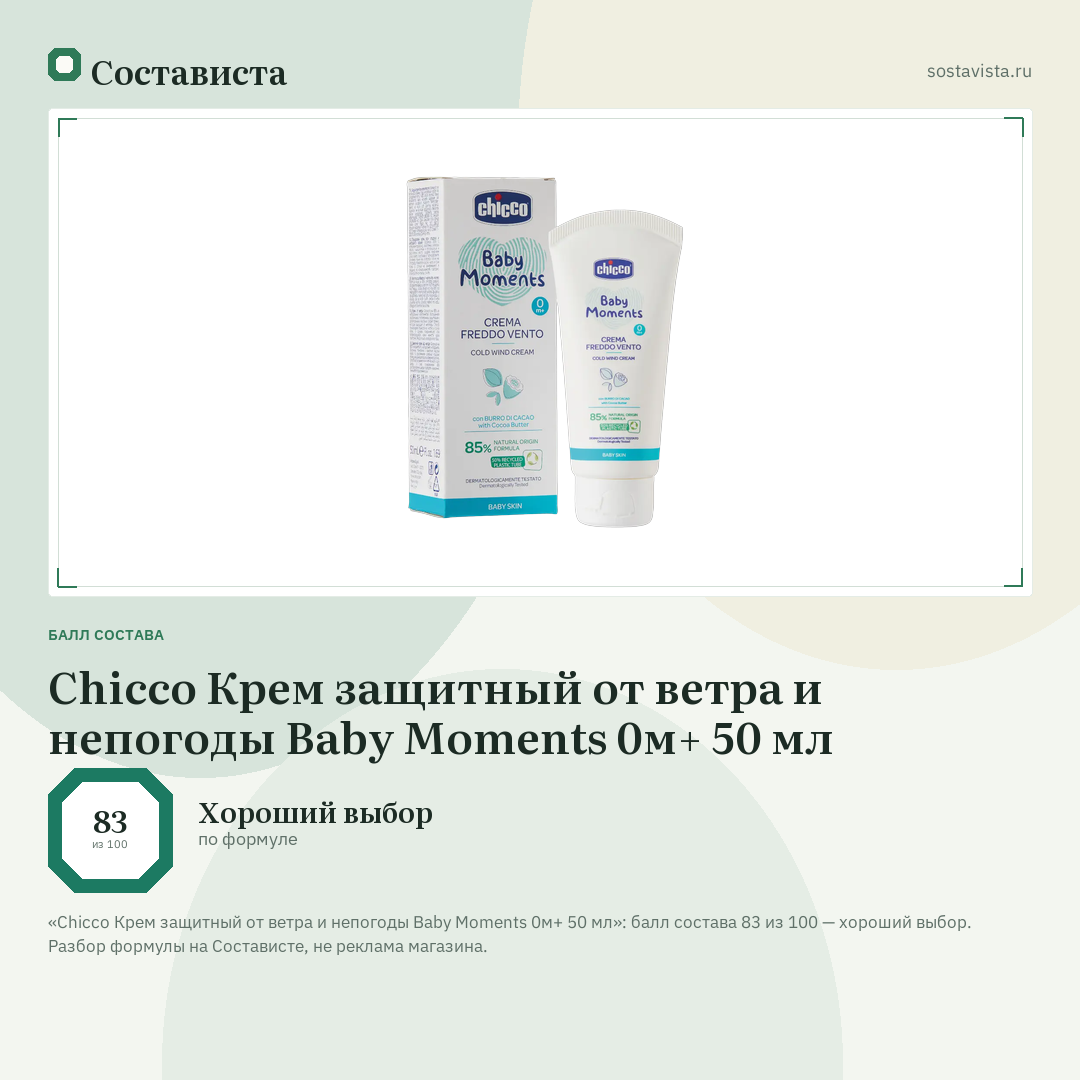 Chicco Крем защитный от ветра и непогоды Baby Moments 0м+ 50 мл: балл состава 83 из 100 — Состависта