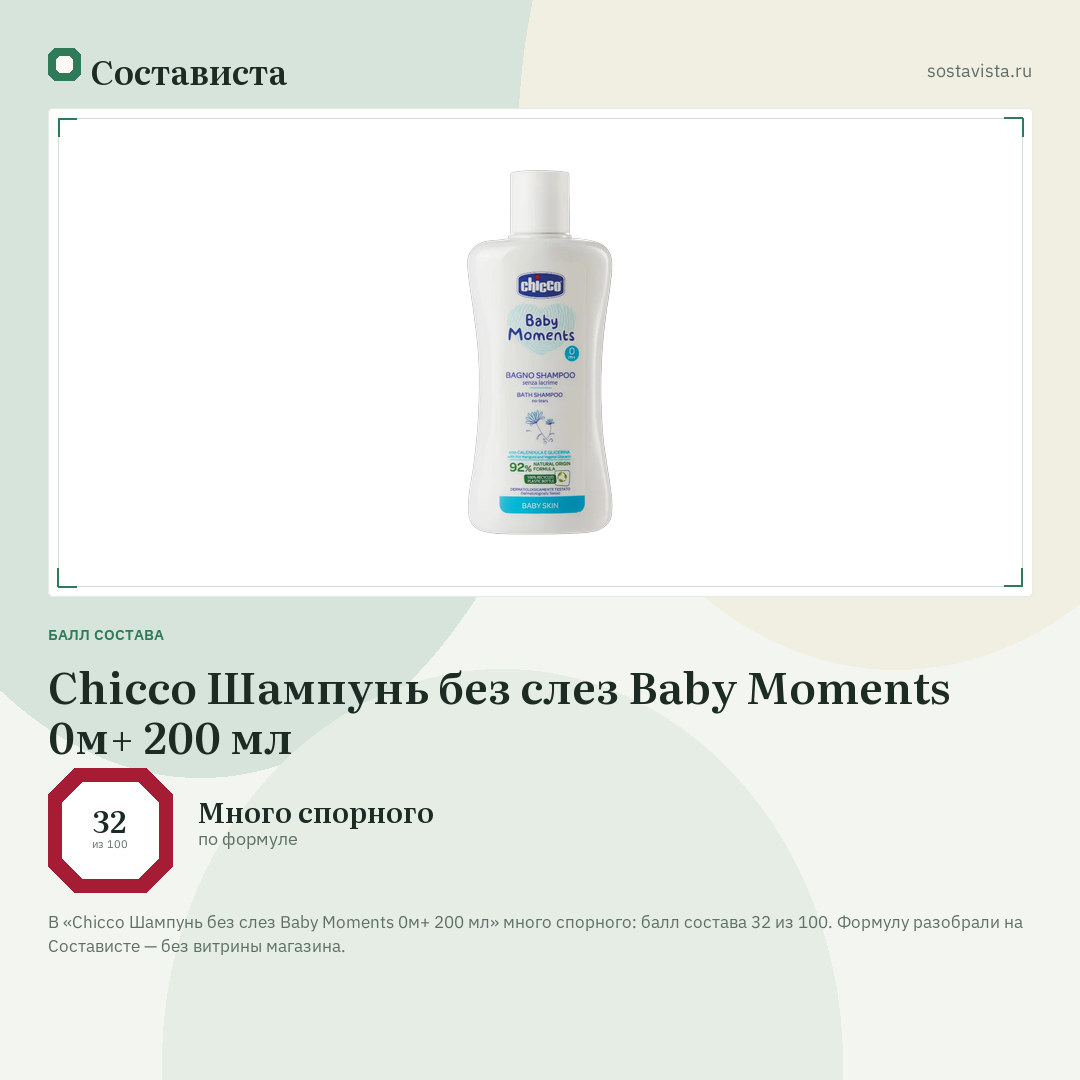 Chicco Шампунь без слез Baby Moments 0м+ 200 мл: балл состава 32 из 100 — Состависта