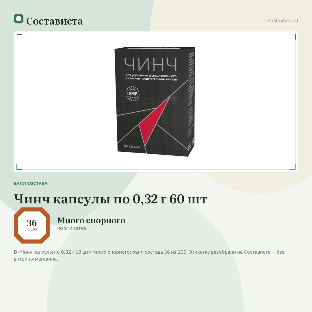 Чинч капсулы по 0,32 г 60 шт: балл состава 36 из 100 — Состависта