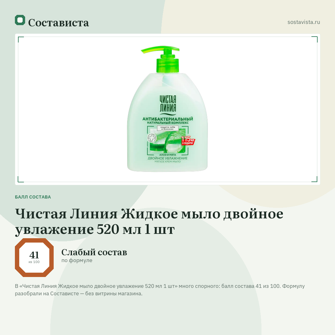 Чистая Линия Жидкое мыло двойное увлажение 520 мл 1 шт: балл состава 41 из 100 — Состависта