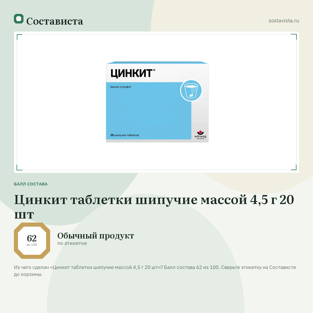 Цинкит таблетки шипучие массой 4,5 г 20 шт: балл состава 62 из 100 — Состависта