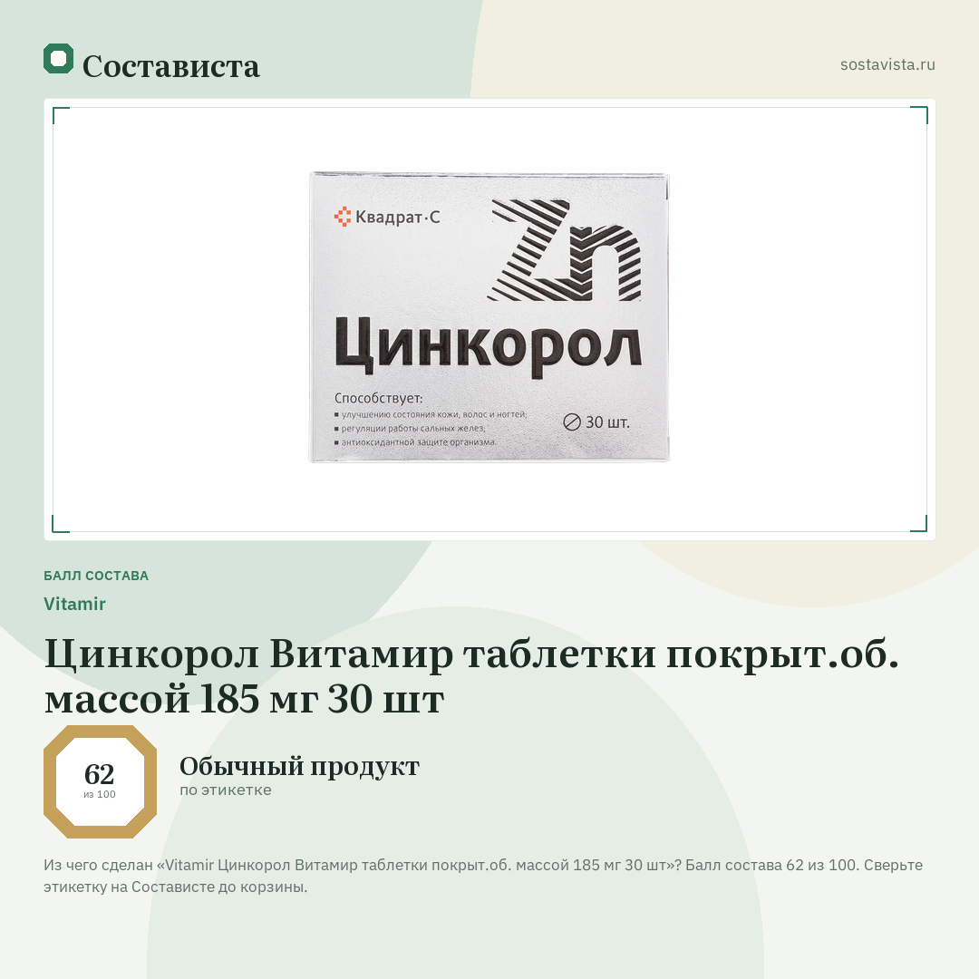 Vitamir Цинкорол Витамир таблетки покрыт.об. массой 185 мг 30 шт: балл состава 62 из 100 — Состависта