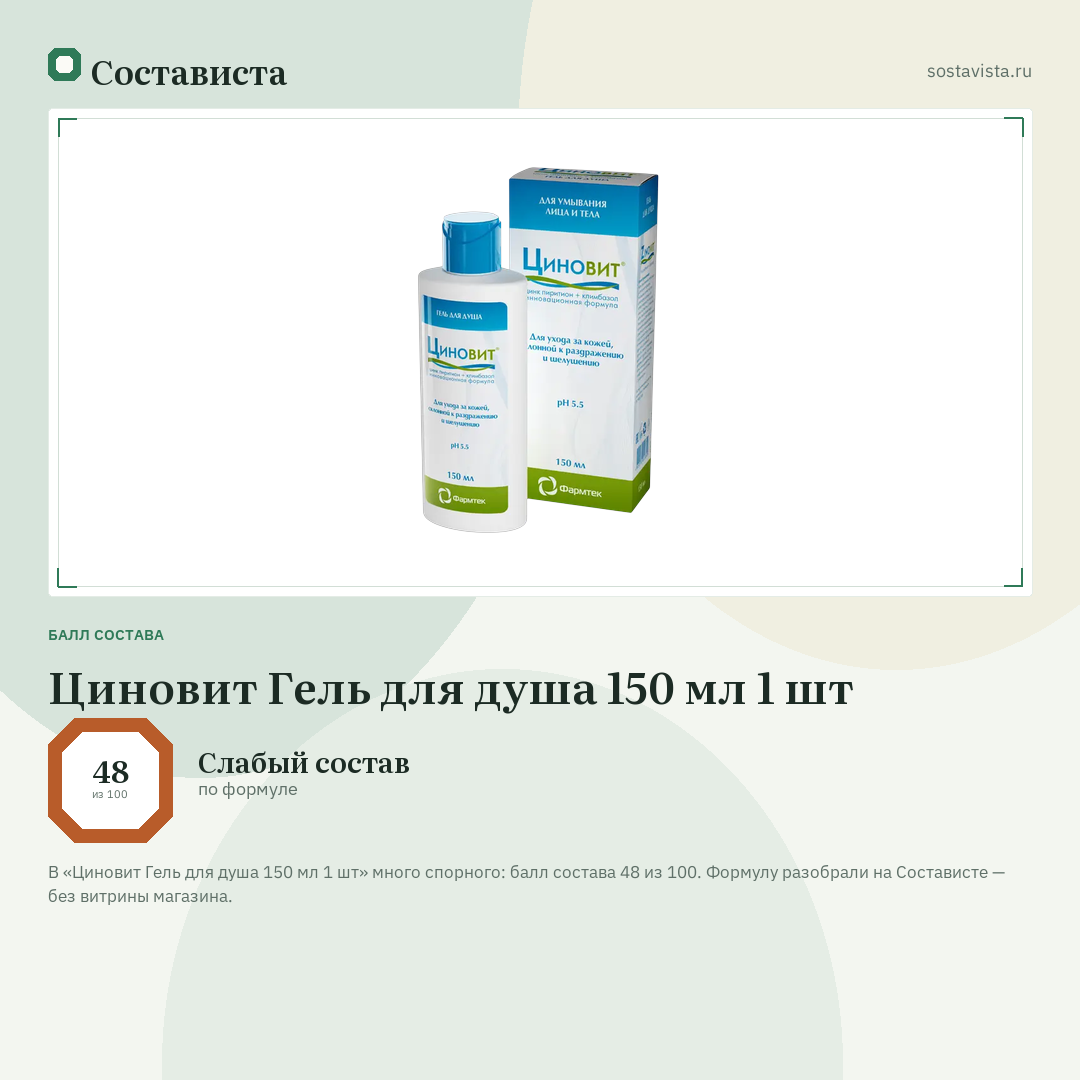 Циновит Гель для душа 150 мл 1 шт: балл состава 48 из 100 — Состависта