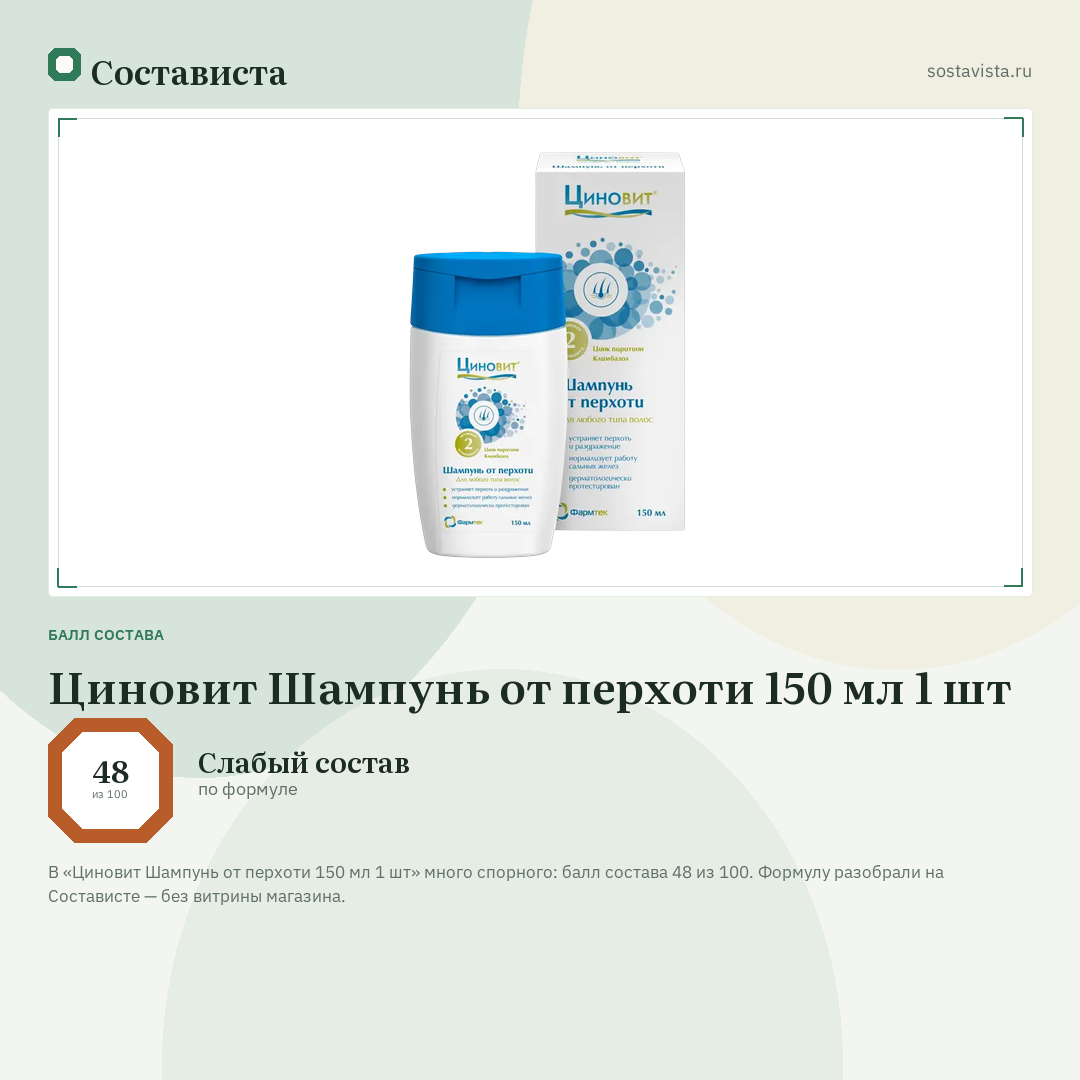 Циновит Шампунь от перхоти 150 мл 1 шт: балл состава 48 из 100 — Состависта