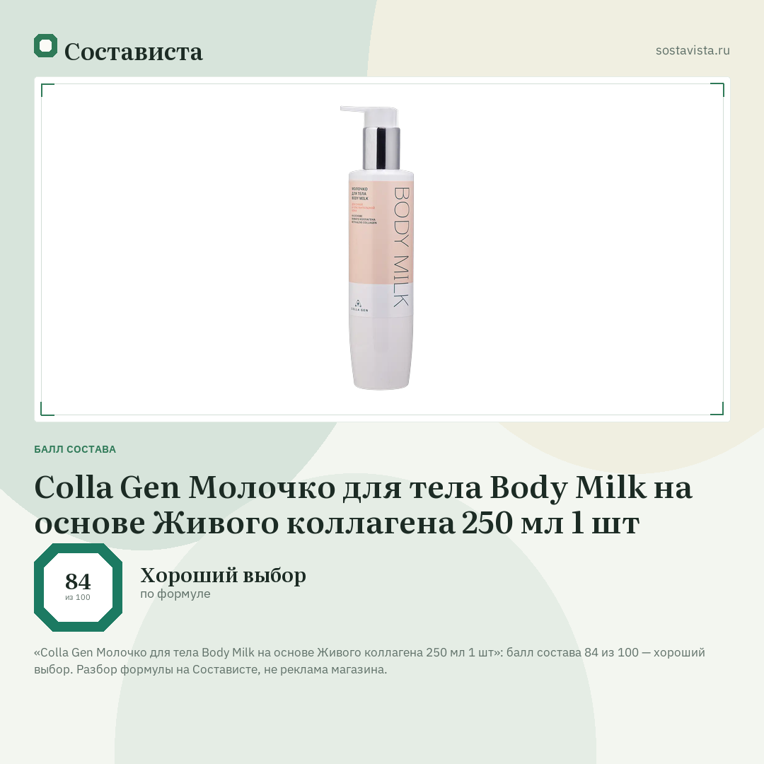 Colla Gen Молочко для тела Body Milk на основе Живого коллагена 250 мл 1 шт: балл состава 84 из 100 — Состависта