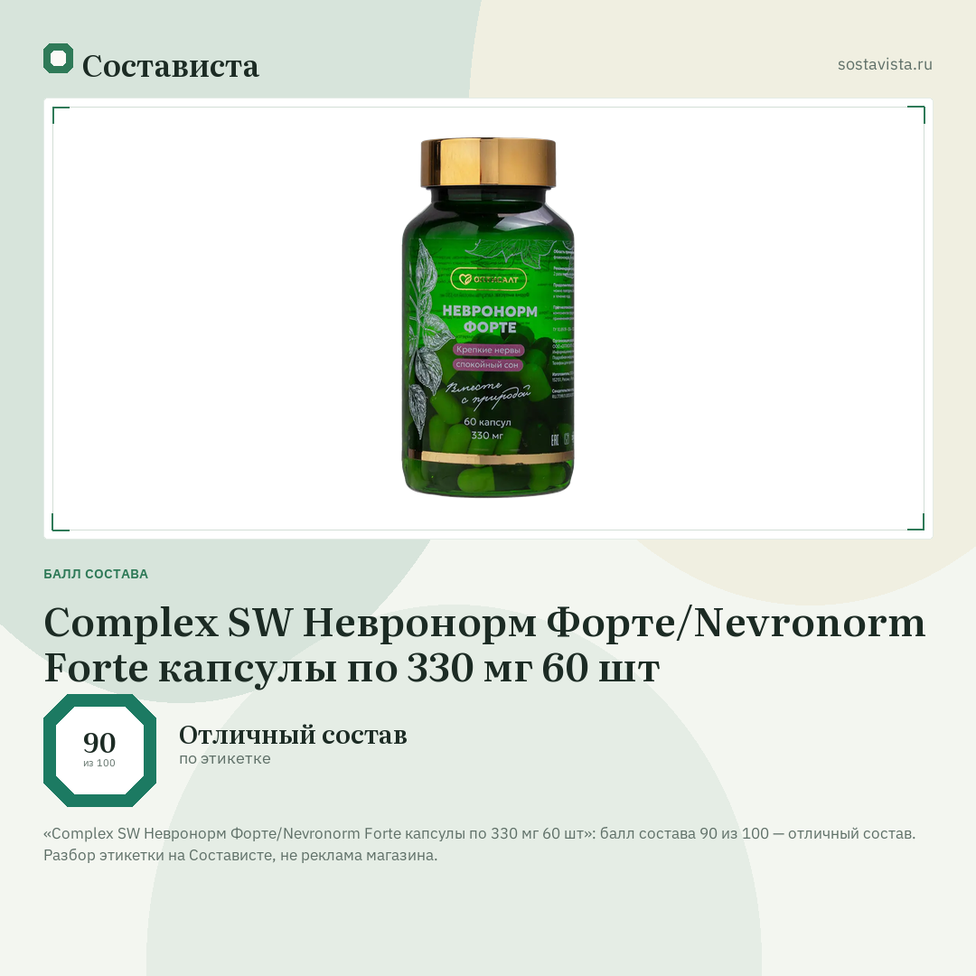 Complex SW Невронорм Форте/Nevronorm Forte капсулы по 330 мг 60 шт: балл состава 90 из 100 — Состависта